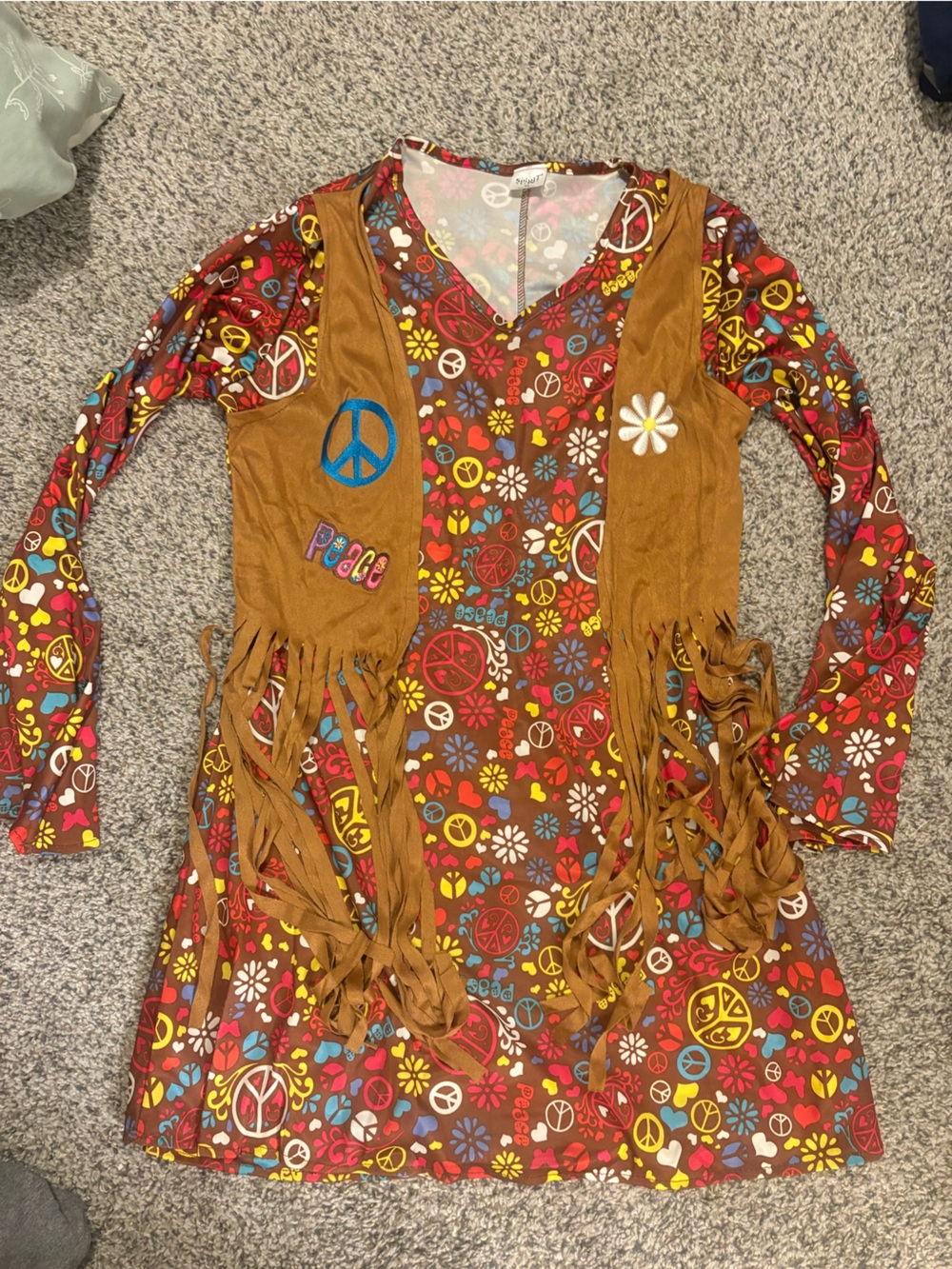 Spirit Brown Multi Peace Sign Fringe Hippie costume